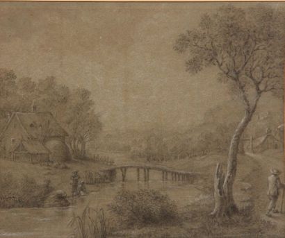 null Jean-Baptiste PILLEMENT (1728-1808) Paysage au pont Pierre noire monogrammée...