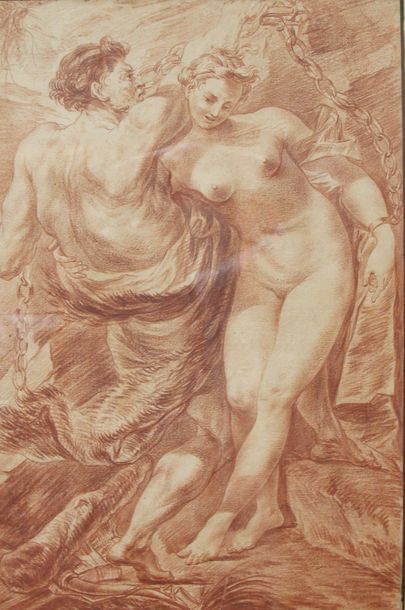 null Ecole française du XVIIIème siècle Hercule libérant Hésione Sanguine 37 x 24,7...