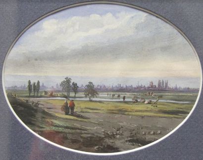 null Louis SCHEPENS (1816-1884) Paysage animé Gouache ovale signée en bas 10,5 x...