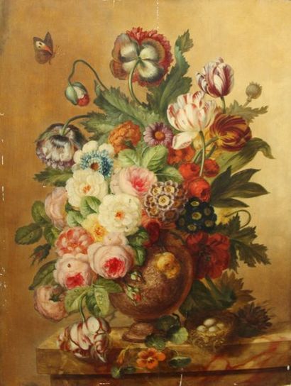 null Ecole hollandaise vers 1900 Paire de bouquets de fleurs dans un vase, sur un...