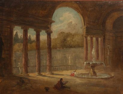 null Ecole française d'après Hubert ROBERT Fontaine sous un portique Huile sur panneau,...