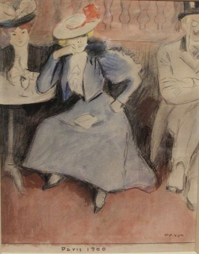 null Ricardo OPISSO (1880-1966) Femmes au café Crayon de couleur et aquarelle. Signée...
