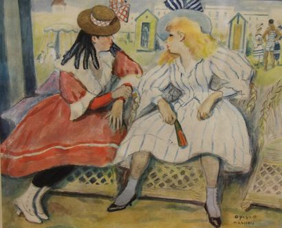 null Ricardo OPISSO (1880-1966) Deux jeunes filles à la plage Aquarelle. Signée en...