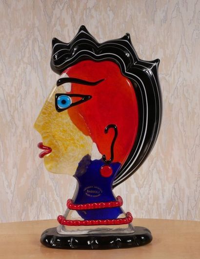null Mario BADIOLI (1940-) Portrait de femme au collier rouge sculpture en verre...