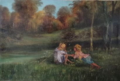 null Ecole moderne Jardin Enfants au bord de l'eau Deux huiles sur toile 55 x 47...