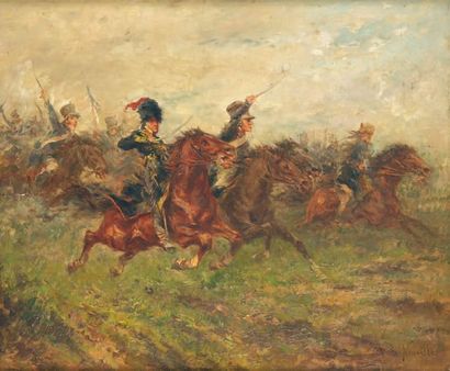 NEUVILLE Alphonse de (Attribué à) (1835-1885) « La charge de cavalerie » Huile sur...
