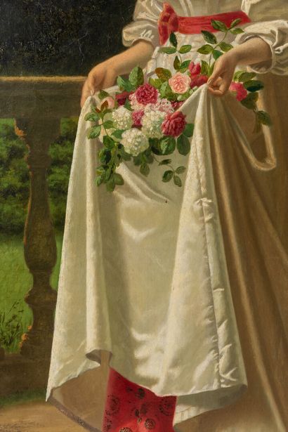 null Camille BERLIN (XIXème siècle).

Portrait d'une élégante aux fleurs, sur une...