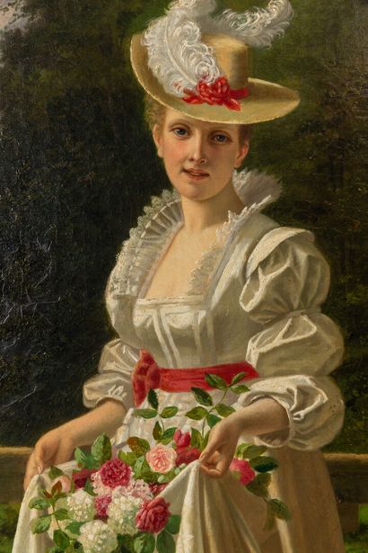 null Camille BERLIN (XIXème siècle).

Portrait d'une élégante aux fleurs, sur une...