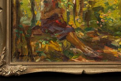 null Giuseppe FACCHINETTI (1893-1951).

Femme à l'ouvrage, dans une forêt.

Huile...