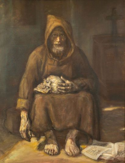 null Natale MORZENTI (1884-1947).

Saint Antoine tenant un crâne.

Huile sur toile,...