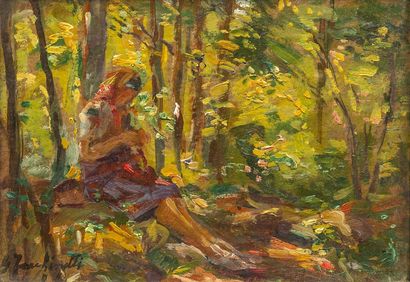 null Giuseppe FACCHINETTI (1893-1951).

Femme à l'ouvrage, dans une forêt.

Huile...