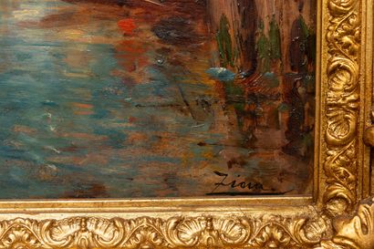 null Félix ZIEM (1821-1911).

Venise, gondoles et bateau à la voile jaune.

Huile...