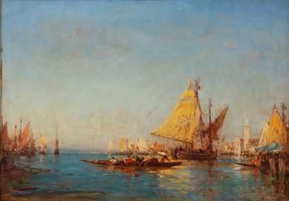 null Félix ZIEM (1821-1911).

Venise, gondoles et bateau à la voile jaune.

Huile...
