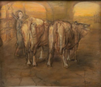 null Natale MORZENTI (1884-1947).

Vacher et deux boeufs.

Huile sur toile, signée...