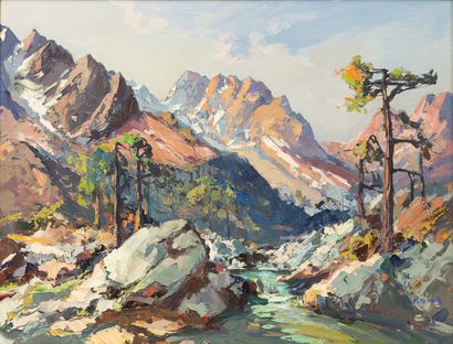 null Pierre BACH (1906-1971).

Rivière parmi les montagnes, en Corse (peut-être Evisa).

Huile...