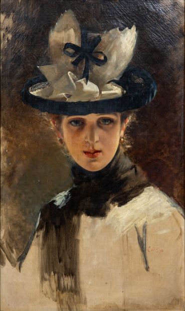 null École française ou anglaise du XIXe siècle.

Portrait d'élégante au chapeau...