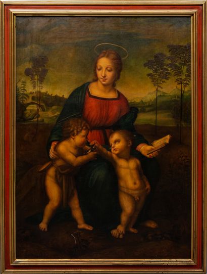 null RAPHAËL (Raffaello Sanzio dit, 1483-1520), d'après.

La Vierge au Chardonneret.

Huile...
