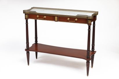 null Mahogany and mahogany veneer console table, topped by a white marble top with...