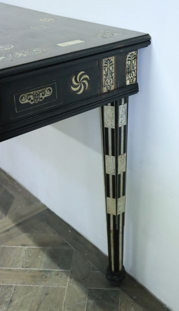 null An ebony, rosewood and ivory veneered console table with diamond and rosette...