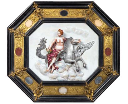 null CAPODIMONTE.

Decorative polychrome porcelain plate showing Athena on Pegasus...