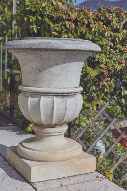 null 
*Paire de vases de jardin en marbre blanc veiné, le corps sculpté d'ailettes...