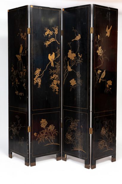 null CHINA, 20th century. 

Four-leaf screen in black and gold lacquer and hard stone...