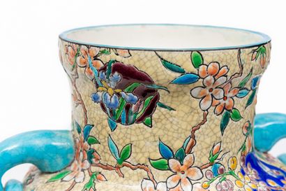 null GIEN.

Baluster lantern vase with two turquoise handles and cloisonné enamels...