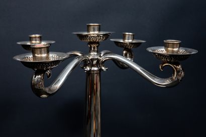 null Pair of silver five-light candelabra decorated with swans in relief, leaves...