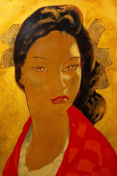 null Alix AYME (1894-1989).

Portrait of a woman with her hair tied with a ribbon.

Polychrome...