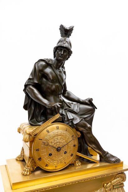 null Important ormolu and patinated clock decorated with a figure of Mars, holding...