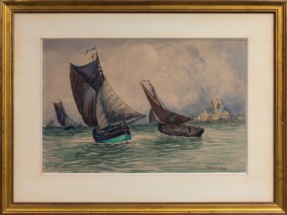 null Frank WILL (1900-1951).

Barfleur, ships on the ocean shore.

Watercolour on...