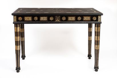 An ebony, rosewood and ivory veneered console...