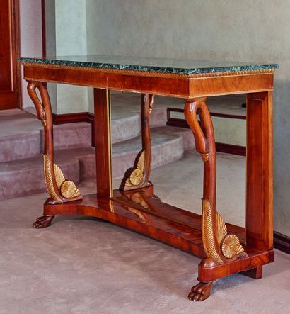 null 
A large mahogany, wood and gilded stucco veneer gooseneck console.




Northern...