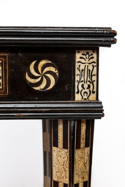 null An ebony, rosewood and ivory veneered console table with diamond and rosette...