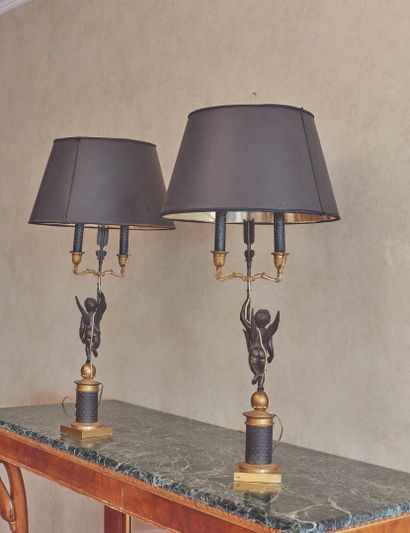 null 
A pair of candelabras with two lights in brown patina and gilt bronze.




Restoration...