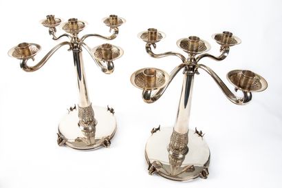 null Pair of silver five-light candelabra decorated with swans in relief, leaves...