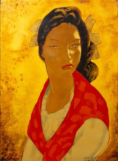 null Alix AYME (1894-1989).

Portrait of a woman with her hair tied with a ribbon.

Polychrome...
