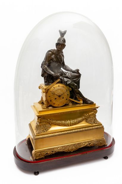 null Important ormolu and patinated clock decorated with a figure of Mars, holding...