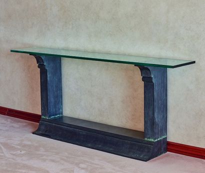 null 
A green patina bronze console with a glass top.




H_76,5 cm W_178 cm D_32...