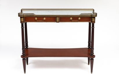 null Mahogany and mahogany veneer console table, topped by a white marble top with...