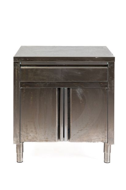 null Small stainless steel cabinet with two doors and a drawer in the upper part.

H_87...