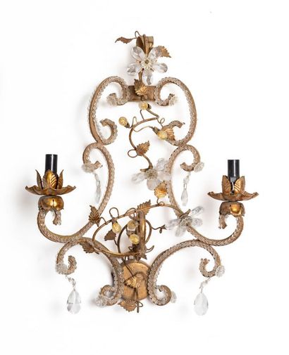 null Gilded metal wall lamp with two lights decorated with pearls and glass flowers...