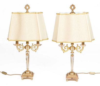 null A pair of three-light gilt bronze and altuglas candelabra lamps decorated with...