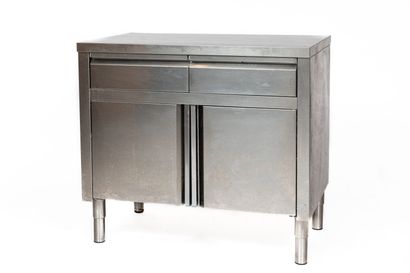 null Stainless steel worktop island with two drawers and two lower doors.