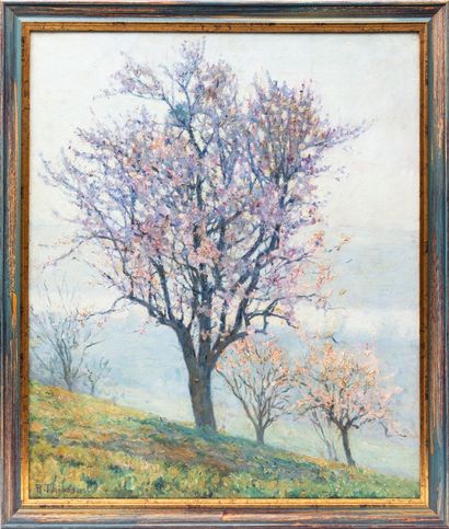  Raymond THIBESART (1874-1968). 
Amandiers en fleurs, matin, 1926. 
Huile sur toile,...