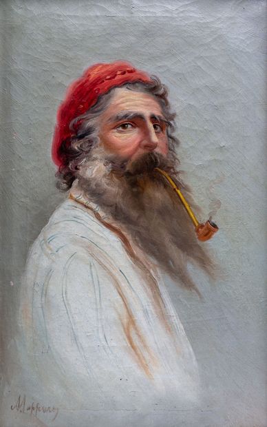  Ecole italienne du XIXe siècle. 
Fumeur de pipe napolitain. 
Huile sur toile, signée...