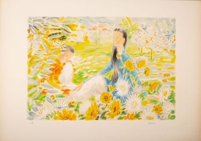 null LE PHO (1907-2001).

Jeunes femmes au jardin. 

Lithographie, signée au crayon...