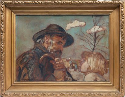  Vlastimil HOFMANN (peintre polonais, 1881-1970). 
Grand-père et sa petite fille....