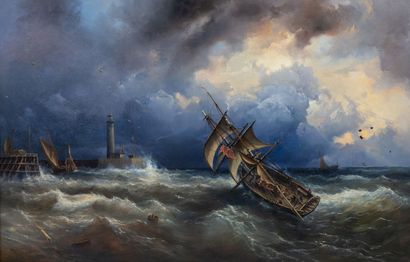  Suiveur de Claude Joseph VERNET (1714-1789). 
Navire dans la tempête. 
Huile sur...
