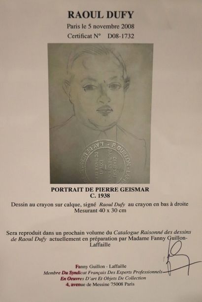 null Raoul DUFY (1877-1953).

Portrait de Pierre Geismar, circa 1938.

Dessin au...